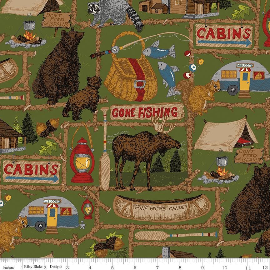 Pine Grove 5" Stacker, Riley Blake Designs 5-15930-42, 5" Precut Camping Wildlife Themed Fabric Squares, Bear Moose Camp Fabric
