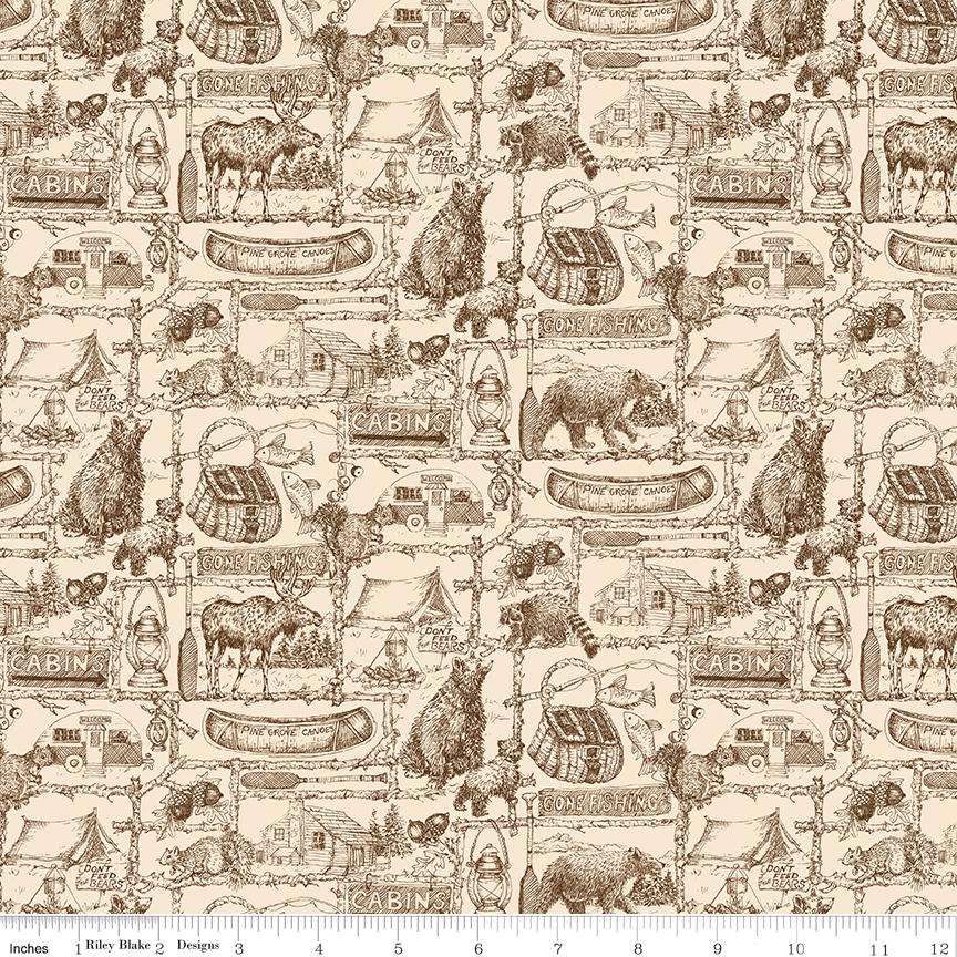 Pine Grove 5" Stacker, Riley Blake Designs 5-15930-42, 5" Precut Camping Wildlife Themed Fabric Squares, Bear Moose Camp Fabric