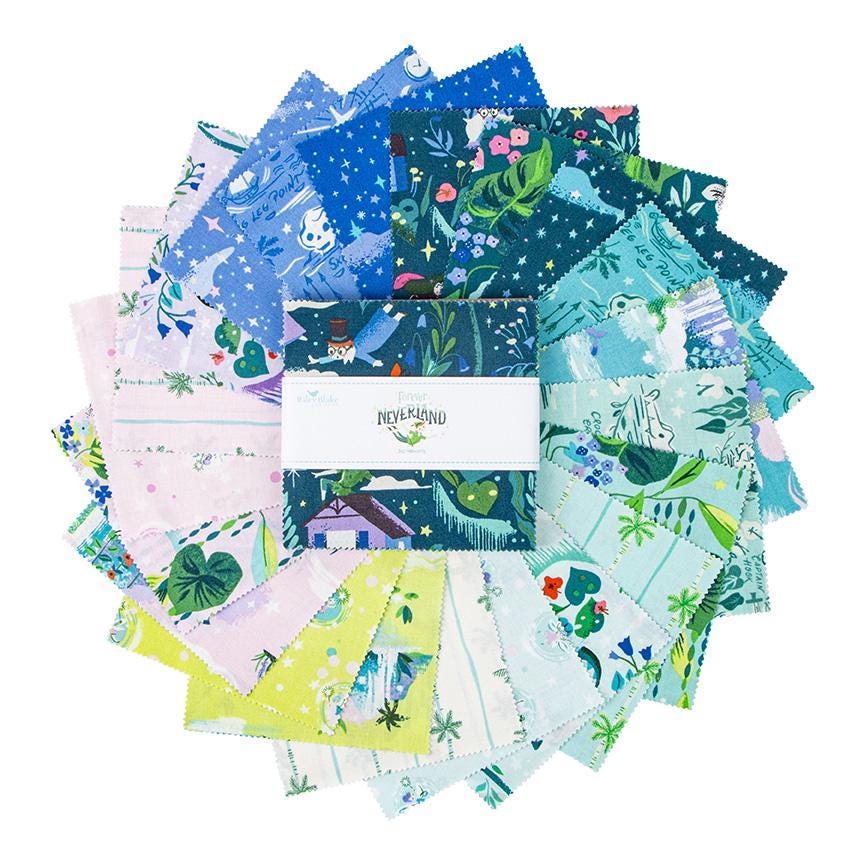 Forever Neverland 5" Stacker, Riley Blake 5-15900-42, 5" Precut Peter Pan Storybook Fabric Squares, Jill Howarth, Children's Quilt Fabric