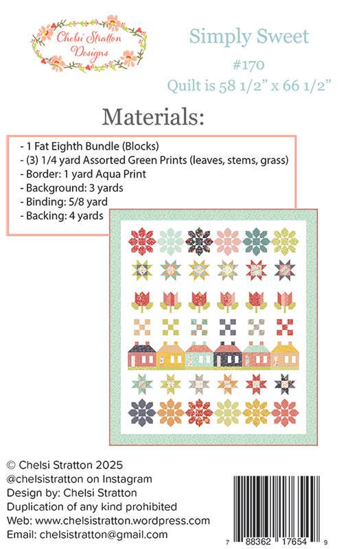 Simply Sweet Quilt Pattern, Chelsi Stratton Designs CSD170, 36 Fat Eighths F8 Friendly Spring Sampler Row Tulips Stars House Quilt Pattern