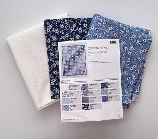 DESTASH Weaver's Waltz Twin Quilt Kit, Connecting Threads Tea Service, Blue White Floral Twin Size Quilt Kit