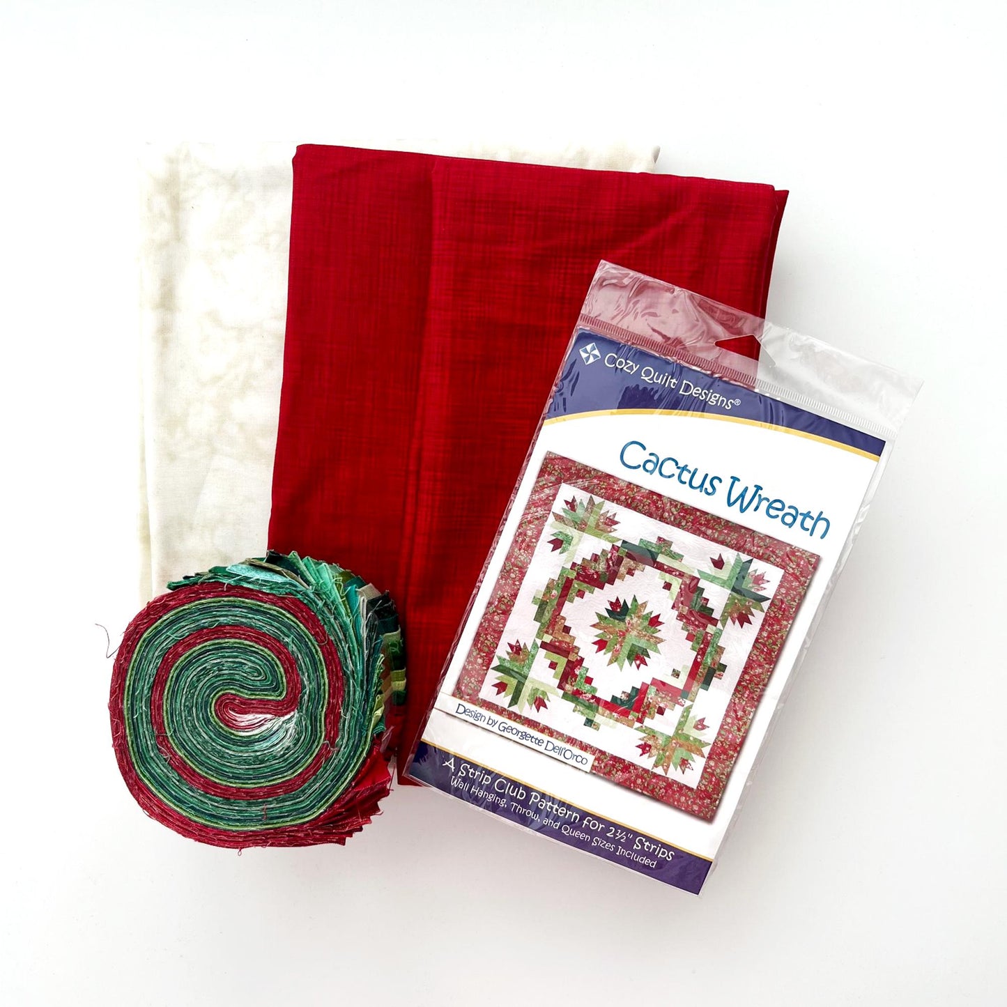 DESTASH Cactus Wreath Christmas Quilt Kit, RJR Fabrics 9665-022, Red Green Log Cabin Flowers Throw Quilt Kit, Cozy Quilt Designs SRRCW
