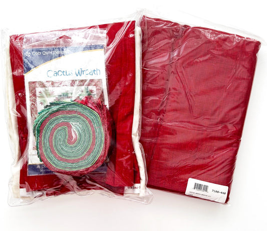 DESTASH Cactus Wreath Christmas Quilt Kit, RJR Fabrics 9665-022, Red Green Log Cabin Flowers Throw Quilt Kit, Cozy Quilt Designs SRRCW