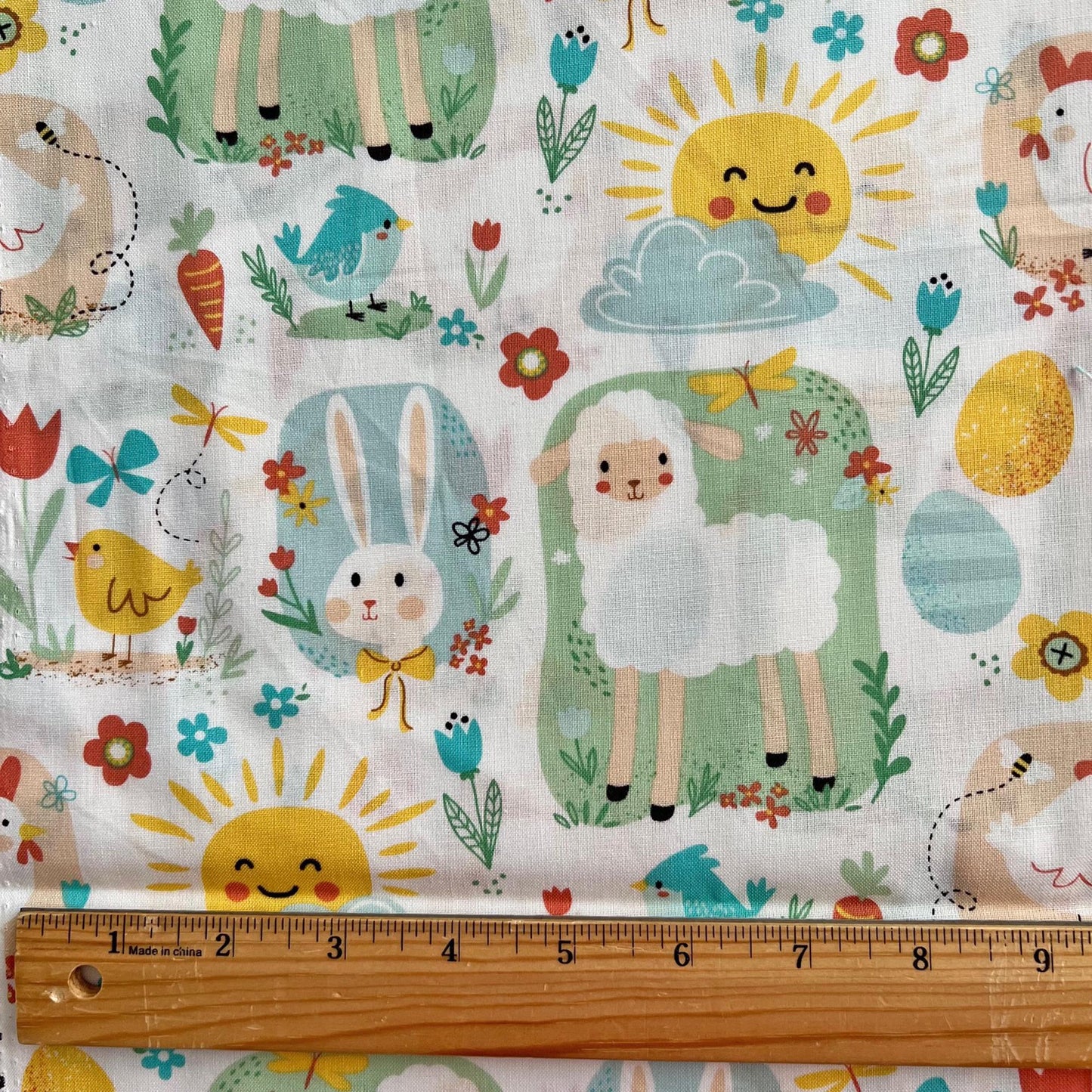 DESTASH 1 Yard Cut of Easter Bunnies Chicks Lambs on White Fabric, Hobby Lobby H17063, Blush Yellow Blue Green Cute Bunny Sun Easter Fabric