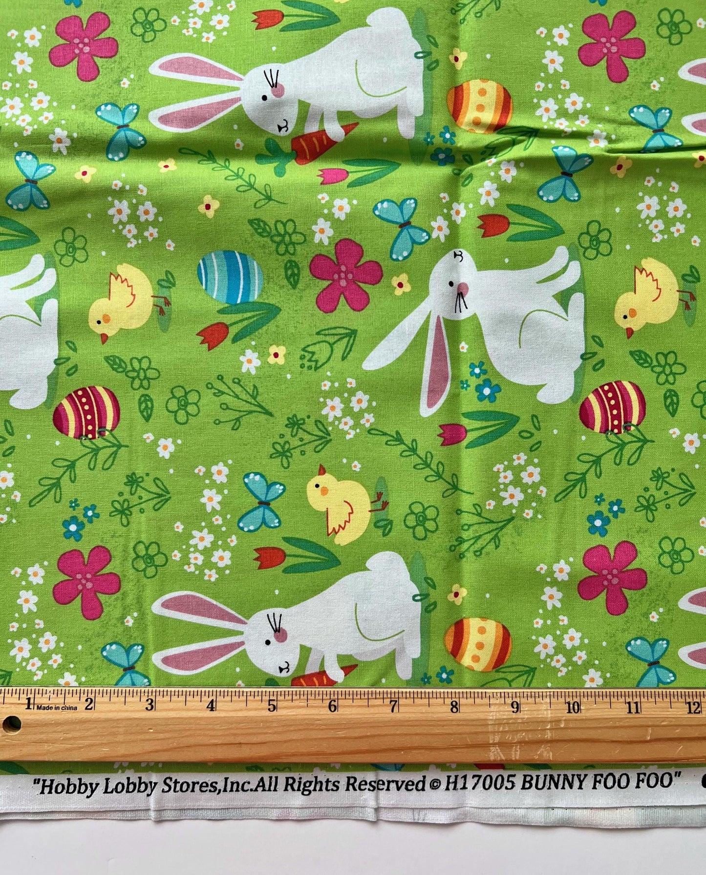 DESTASH Bunny Foo Foo - 1 Yard Cut of Easter Bunnies Chicks Butterflies on Green Fabric, Hobby Lobby H17005, Cute Easter Bunny Fabric