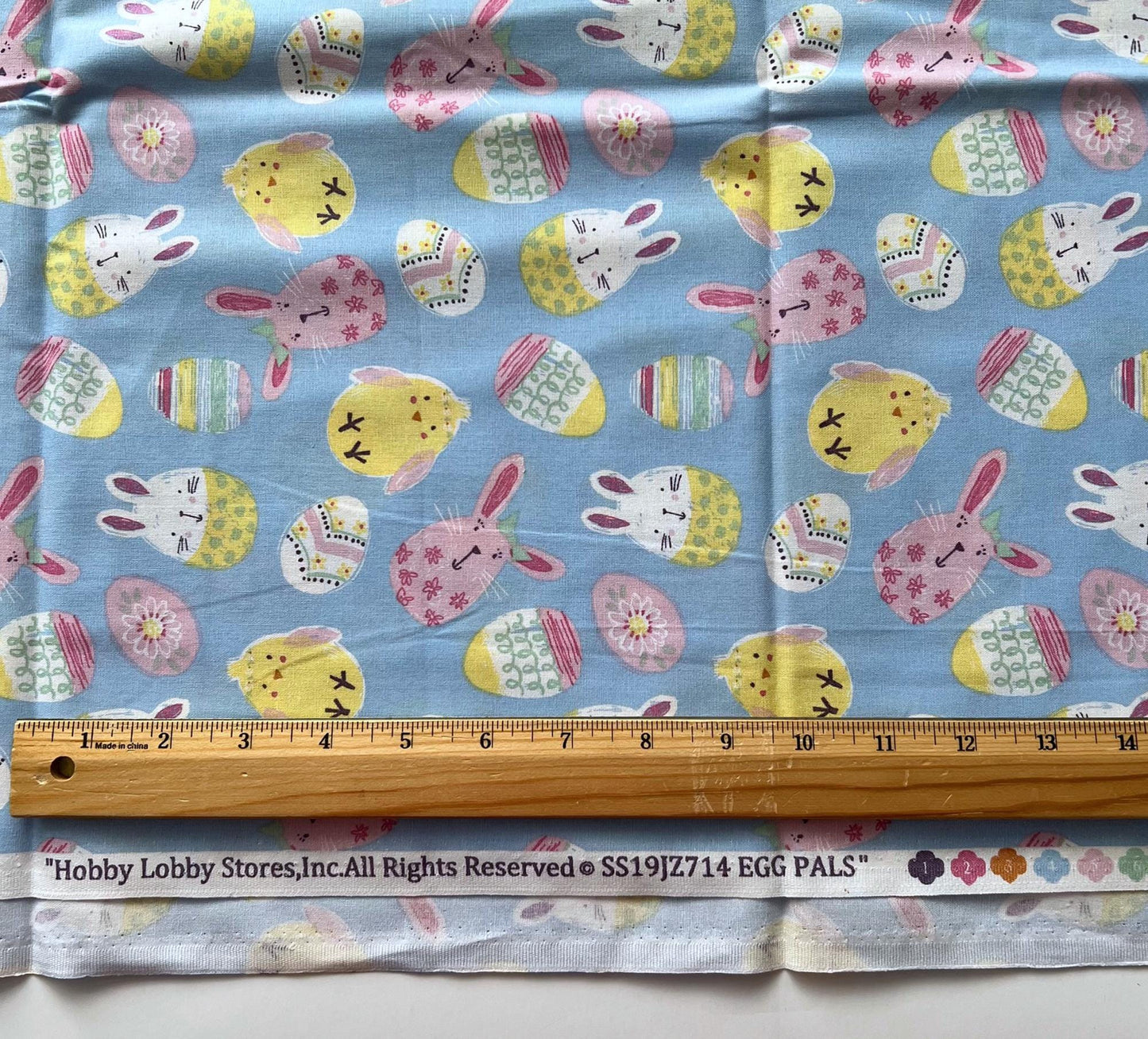 DESTASH Egg Pals - 1 Yard Cut of Easter Bunnies Chicks Eggs on Blue Fabric, Hobby Lobby SS19JZ714, Cute Bunny Easter Fabric