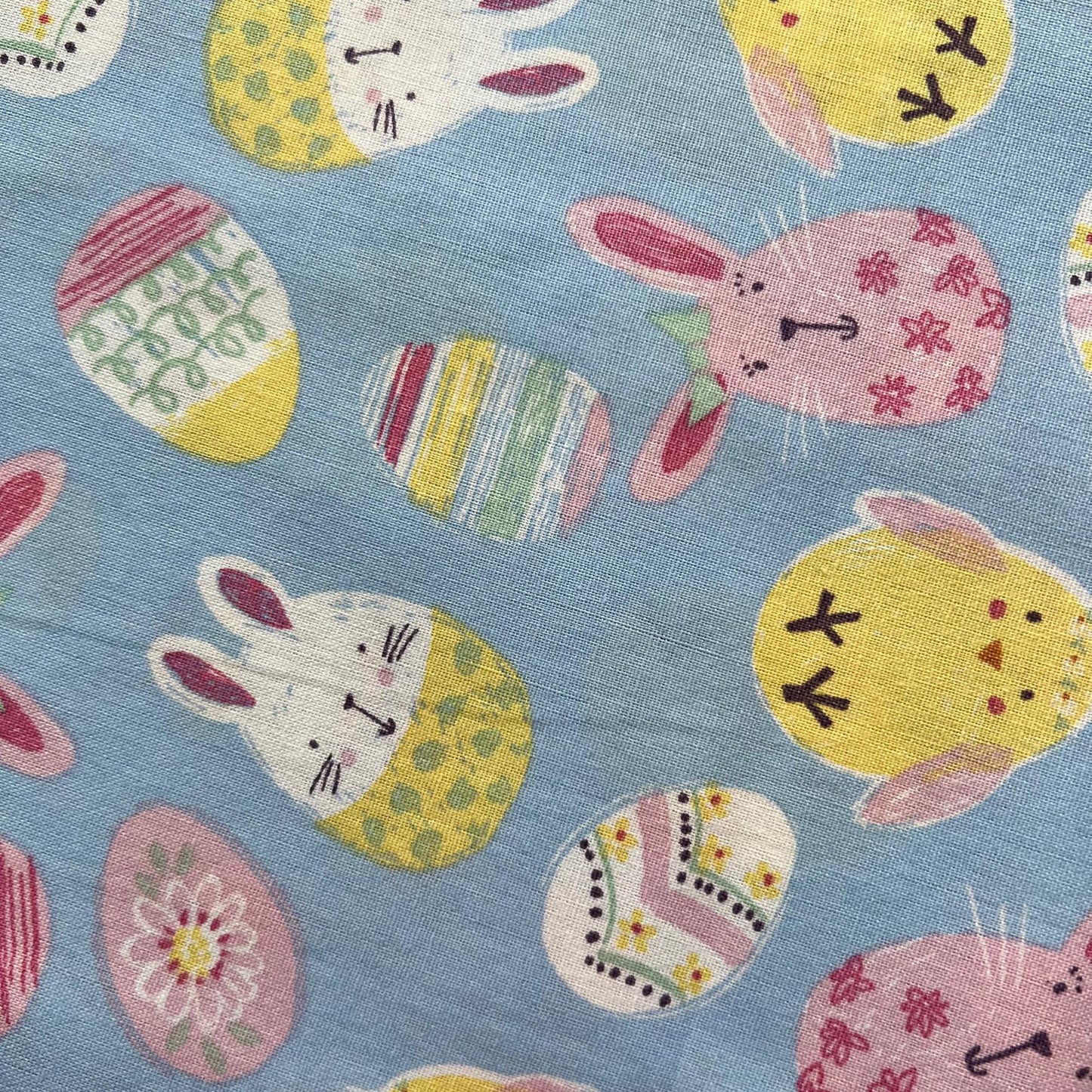 DESTASH Egg Pals - 1 Yard Cut of Easter Bunnies Chicks Eggs on Blue Fabric, Hobby Lobby SS19JZ714, Cute Bunny Easter Fabric