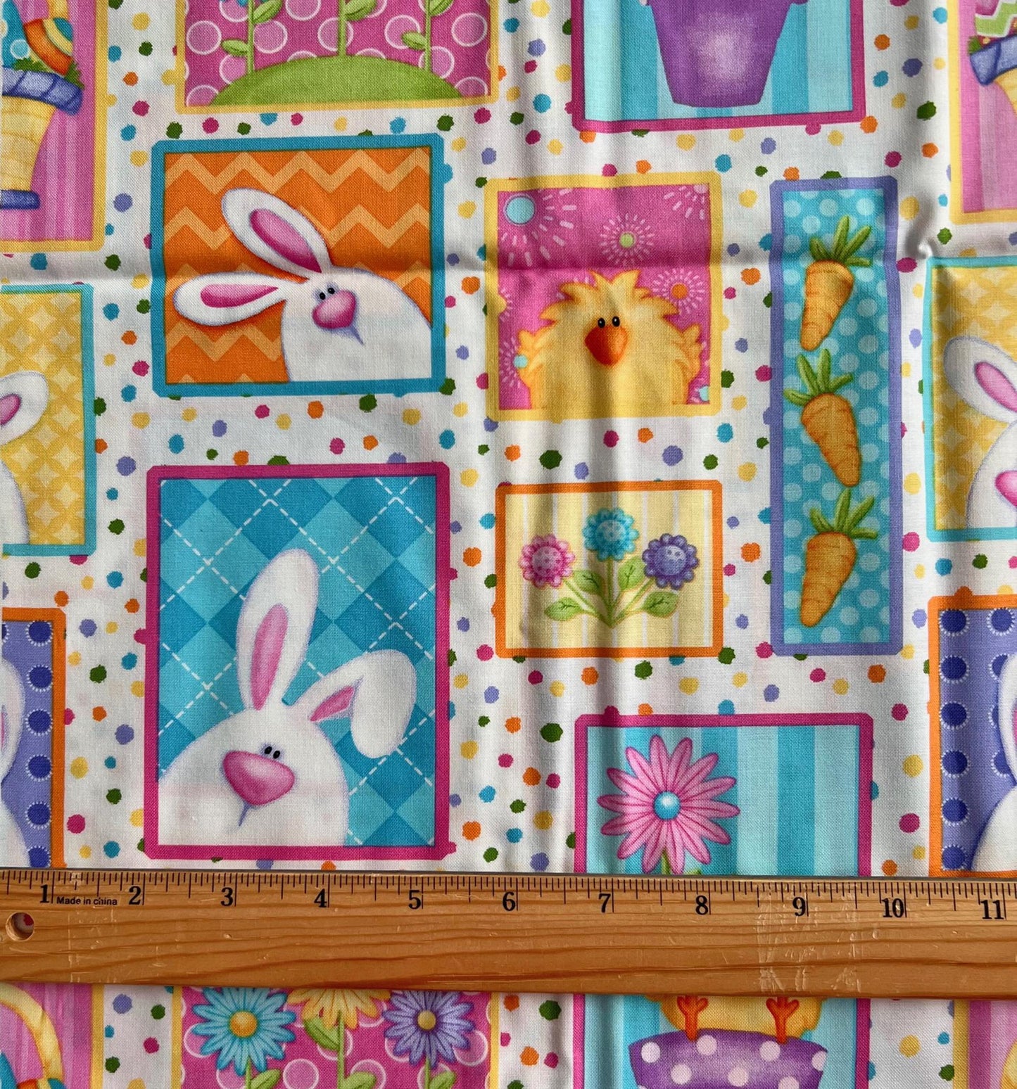 REMNANT 1 Yard 4.5" of Hippity Hop - Easter Bunnies Chicks in Frames on White Fabric, Henry Glass & Co, Cute Easter Fabric, Shelly Comiskey