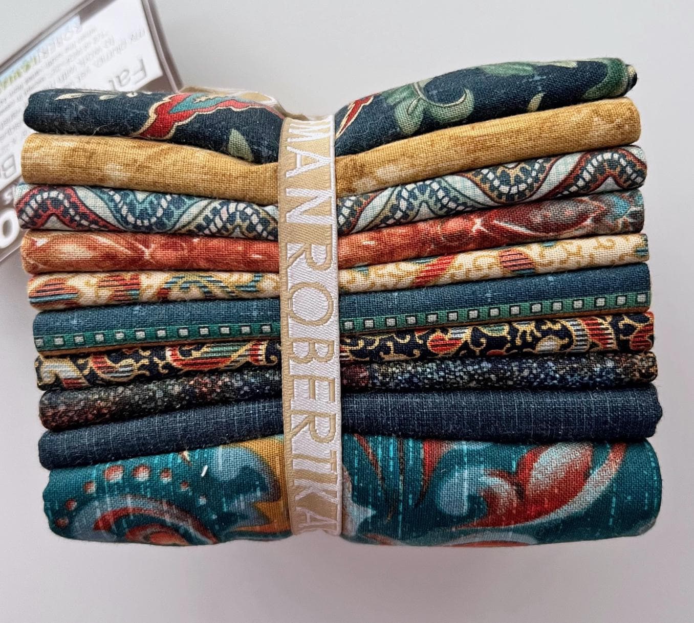 DESTASH Marquis Peacock Colorway Complete Table Runner Kit, Robert Kaufman FQ-749-10, Teal Rust Navy Beige Table Runner Topper Quilt Kit