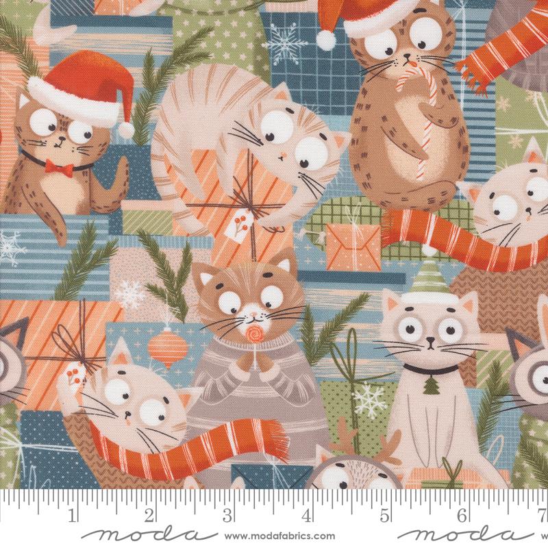 Purrfect Christmas Charm Pack, Moda 39040PP, 5" Precut Christmas Xmas Cats Charm Pack Fabric Squares, Elena Amo
