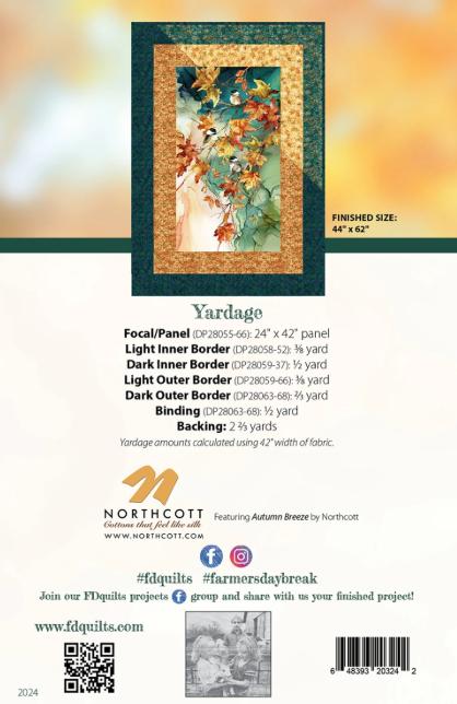 Farmer's Daybreak Quilt Pattern, Farmer's Daughters Quilts FDQ-DAYBREAK PTN3456, Fabric Panel Friendly Easy Quilt Pattern