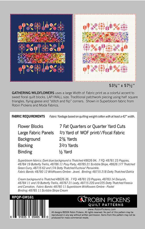 Gathering Wildflowers Quilt Pattern, Robin Pickens RPQP-GW161, Fat Quarter FQ Friendly Flowers Modern Lap Throw Quilt Pattern, Superbloom