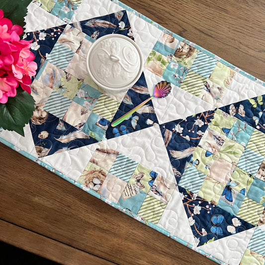 Nature Study Quilted Table Runner, 16.5" x 48", Blue Green Birds Nest Eggs Table Topper Quilt,