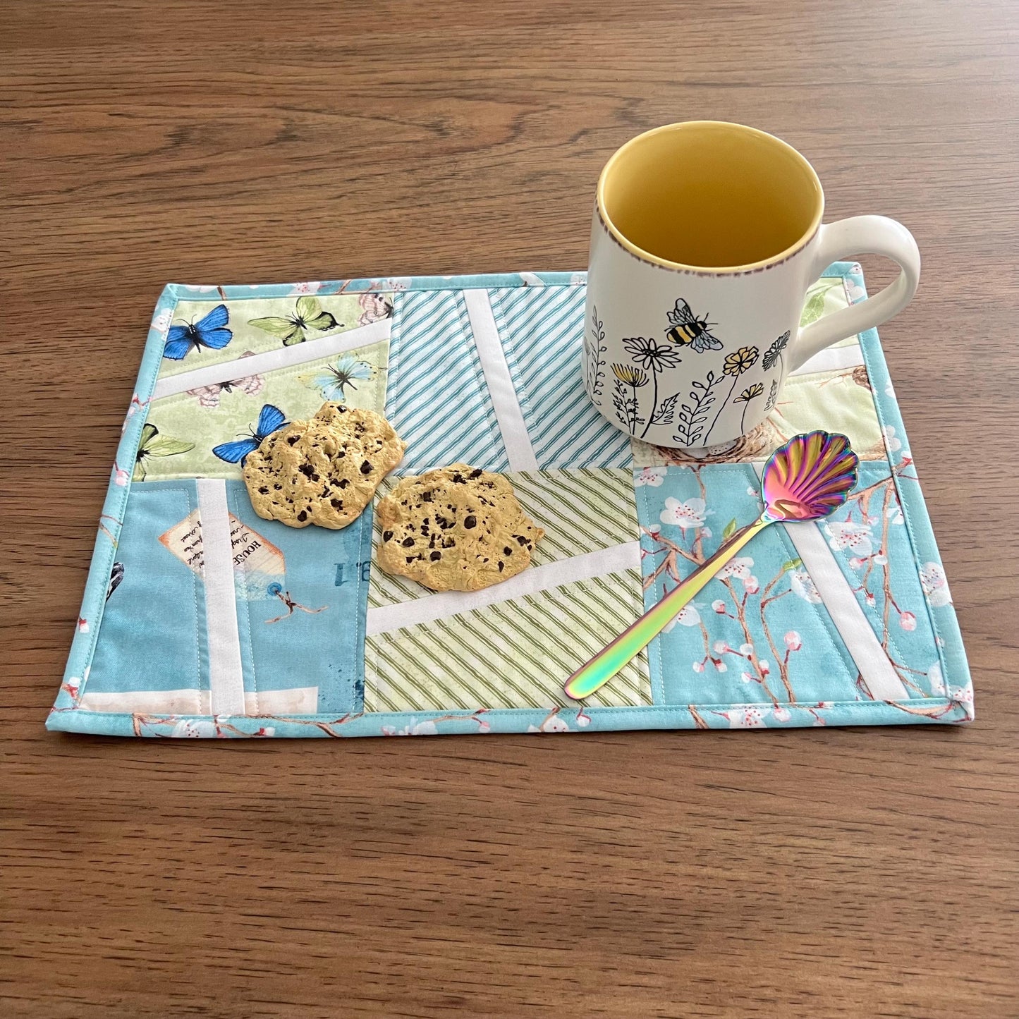 Blue Green Butterflies Quilted Mug Rug, 9.5" x 14", Nature Study Mini Table Quilt, Small Place Mat Placemats, Birds Nest Snack Mat