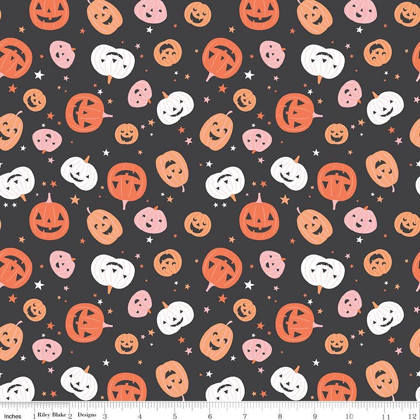 Hey Pumpkin Halloween 10" Stacker, Riley Blake 10-16030-42, 10" Precut Pink Orange Black Halloween Quilt Fabric Squares, My Mind's Eye