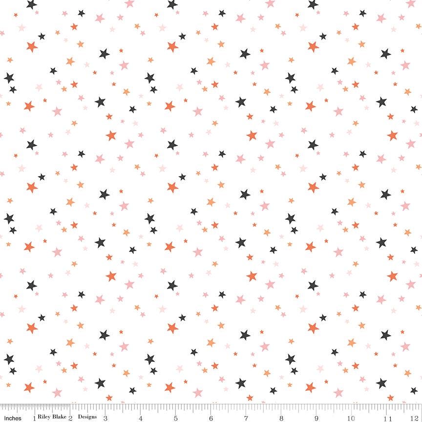 Hey Pumpkin - Scattered Stars on White Fabric, Riley Blake C16037-WHITE, Pink Orange Black Stars on White Background Fabric, By the Yard