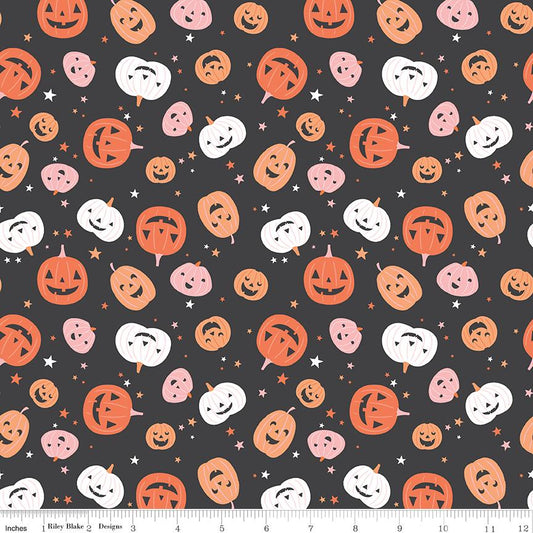 Hey Pumpkin - Jack O Lanterns on Charcoal White Fabric, Riley Blake C16031-CHARCOAL, Pink Orange White Pumpkins on Gray Fabric, By the Yard