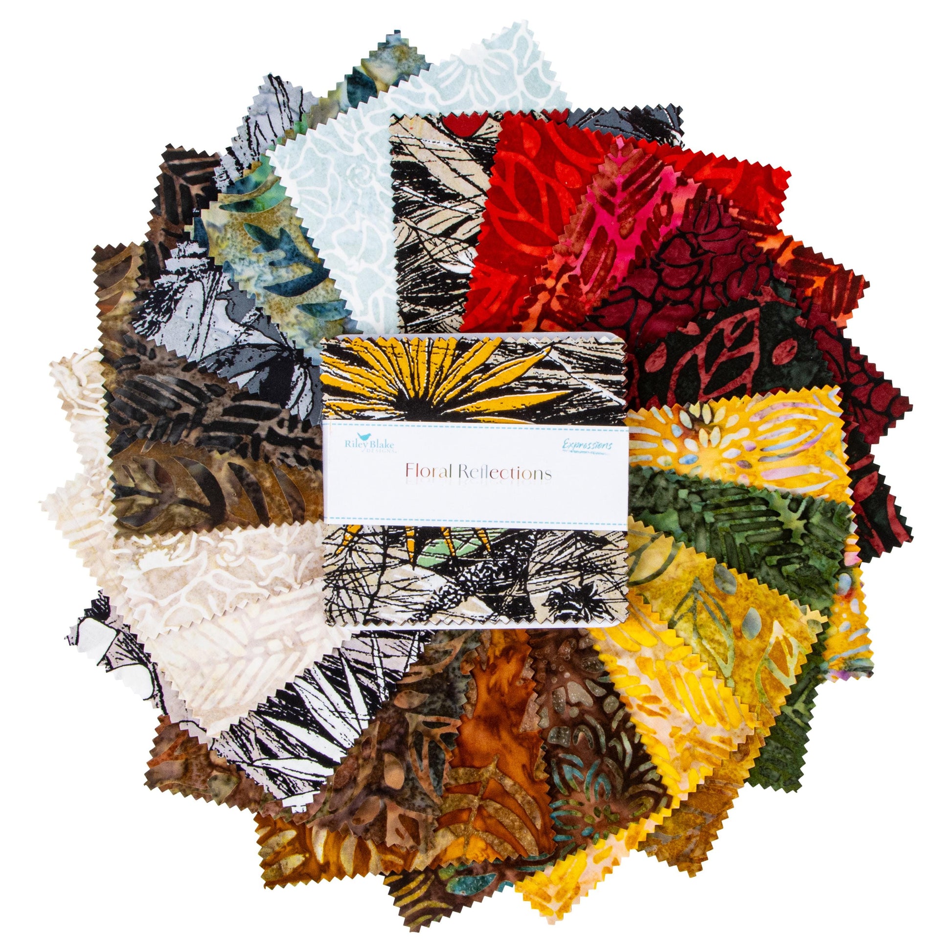 Expressions Batiks - Floral Reflections 5" Stacker, Riley Blake 5-23186-42, 5" Precut Flowers Leaves Batik Fabric Squares