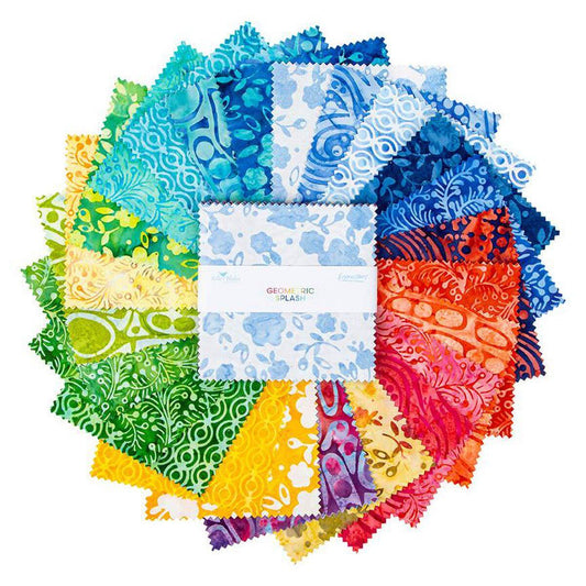 Expressions Batiks - Geometric Splash 5" Stacker, Riley Blake 5-23205-42, 5" Precut Rainbow Colors Batik Fabric Squares
