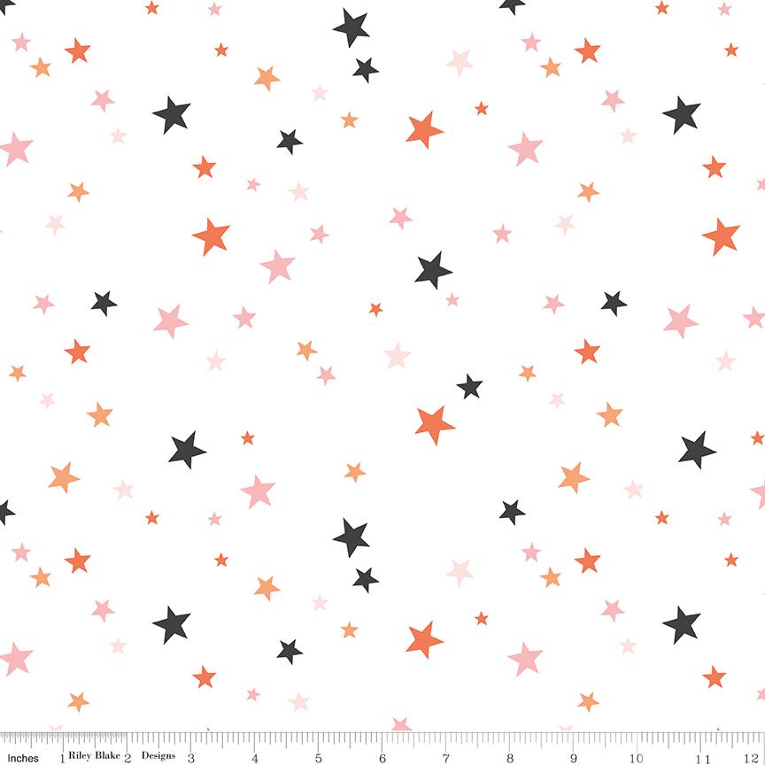 108" Hey Pumpkin - Stars on White Wide Quilt Back Fabric, Riley Blake WB16040-White, Pink Orange Black Halloween Stars Fabric, By the Yard
