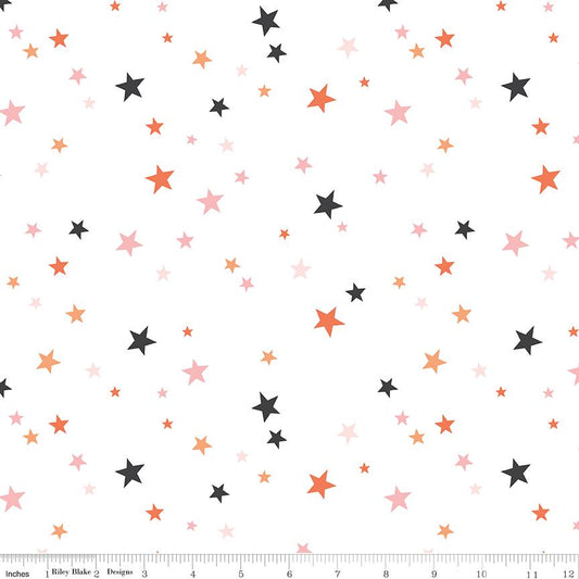 108" Hey Pumpkin - Stars on White Wide Quilt Back Fabric, Riley Blake WB16040-White, Pink Orange Black Halloween Stars Fabric, By the Yard