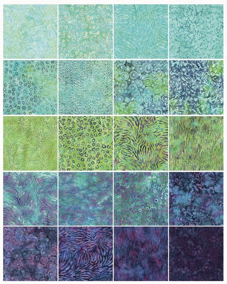 Essence Strip Pack, Island Batik, Batik Jelly Roll, 2.5" Precut Turquoise Blue Purple Green Batik Fabric Strips