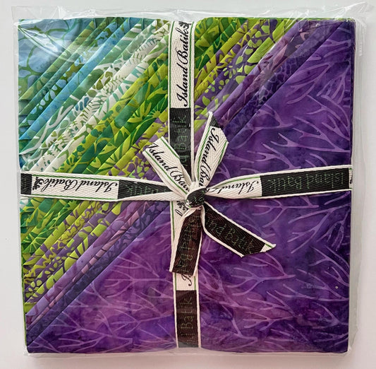 Petal Poetry Stack, Island Batik, 10" Precut Green Purple Blue Batik Layer Cake Fabric Squares