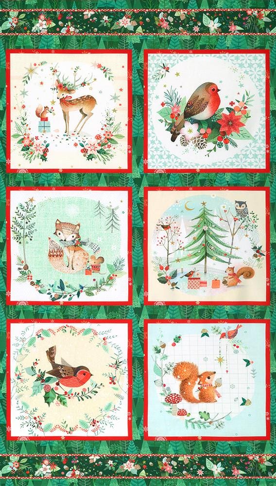 Festive Fauna 21 Piece Fat Quarter Bundle with Panel, Robert Kaufman FQ-2202-21, Cute Christmas Xmas Animals Fabric, 18 x 22 Fabric Cuts