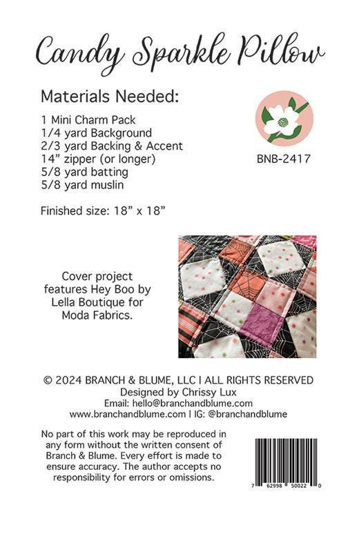 Candy Sparkle Pillow Quilt Pattern, Branch and Blume BNB2417, Mini Charm Friendly Square Pillow Cover Pattern, Chrissy Lux