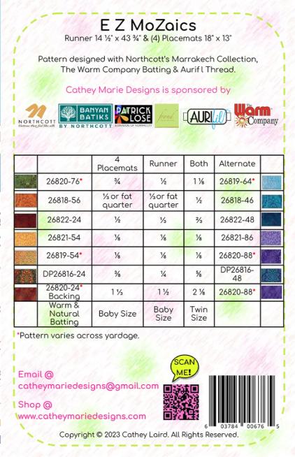 EZ MoZaics Table Runner Place Mats Quilt Pattern, Cathey Marie Designs CMD176, Yardage Friendly Runner and Placemats Pattern