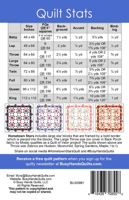 Hometown Stars Quilt Pattern, Busy Hands Quilts BUS0961, Fat Quarter FQ 5" Charm Squares Friendly Double Star Throw Bed Quilt Pattern