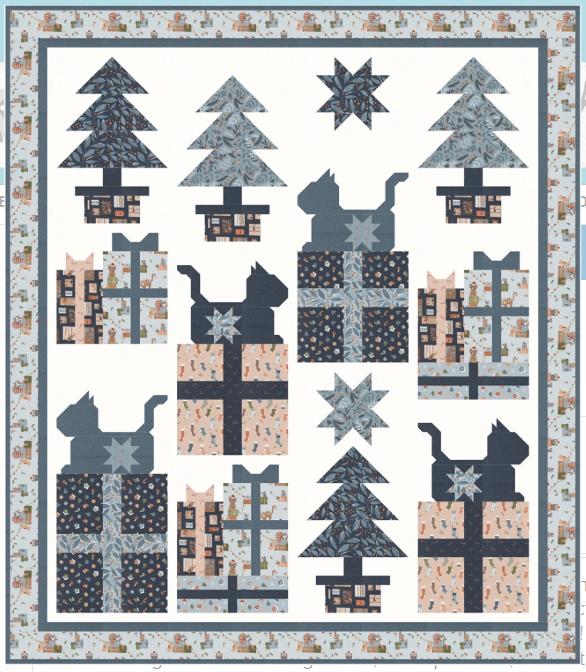 Santa's Helpers Quilt Pattern, Coach House Designs CHD-2445, Yardage Friendly Christmas Xmas Presents Trees Cats Lap Throw Quilt Pattern