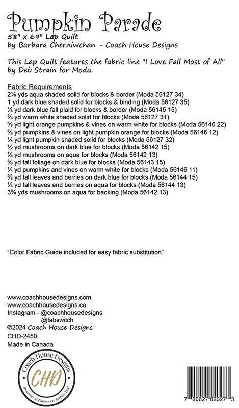 Pumpkin Parade Quilt Pattern, Coach House Designs CHD2450, Yardage Friendly Autumn Fall Pumpkins Lap Throw Quilt Pattern