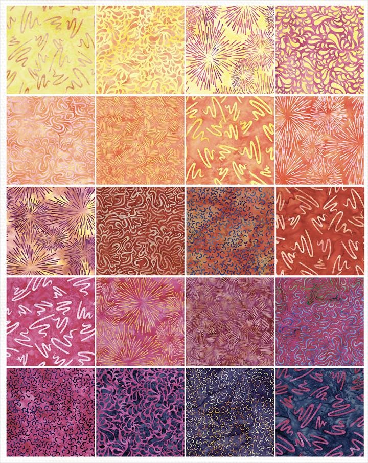 Sunset Stack, Island Batik, 10" Precut Purple Pink Orange Yellow Batik Layer Cake Fabric Squares