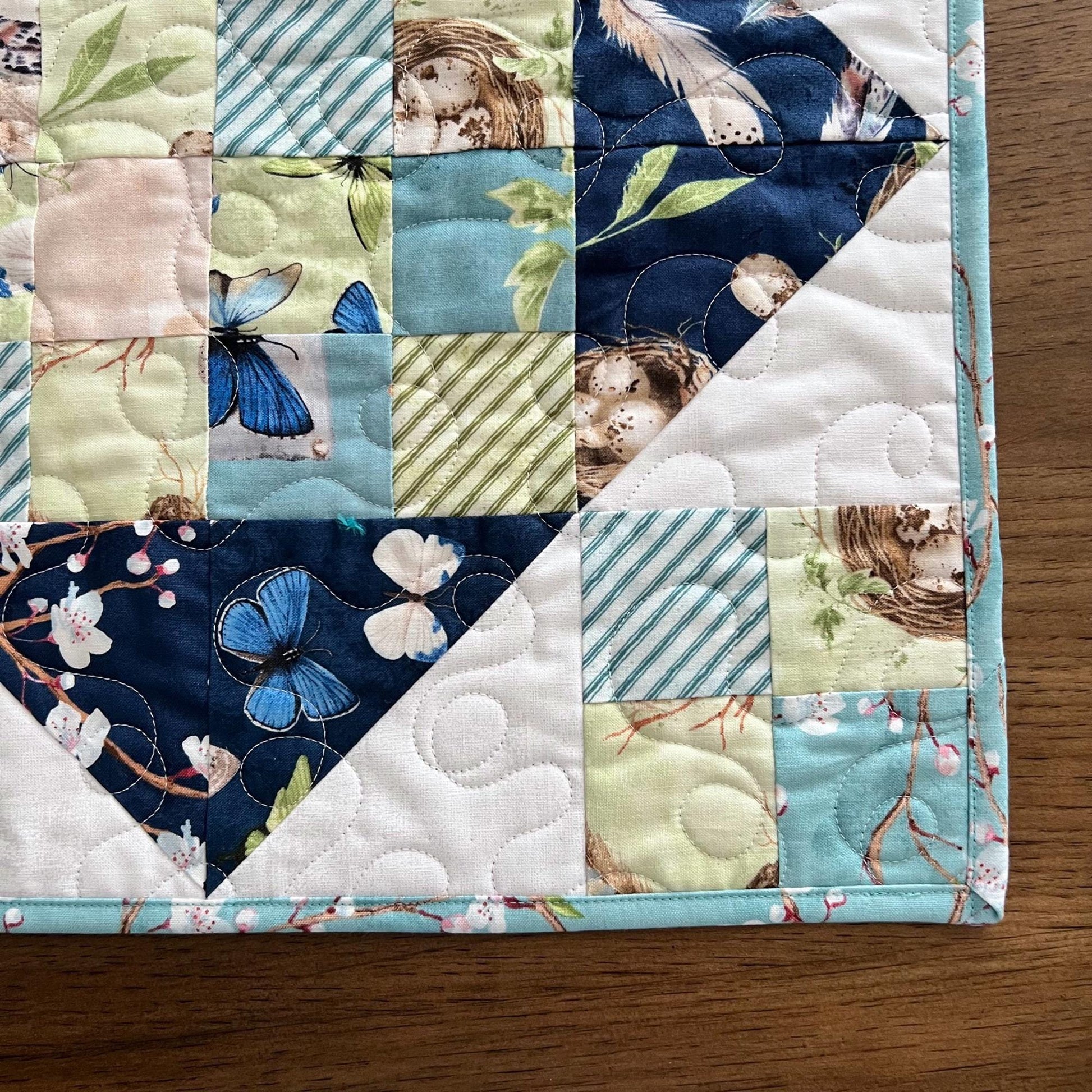 Nature Study Quilted Table Runner, 16.5" x 48", Blue Green Birds Nest Eggs Table Topper Quilt,