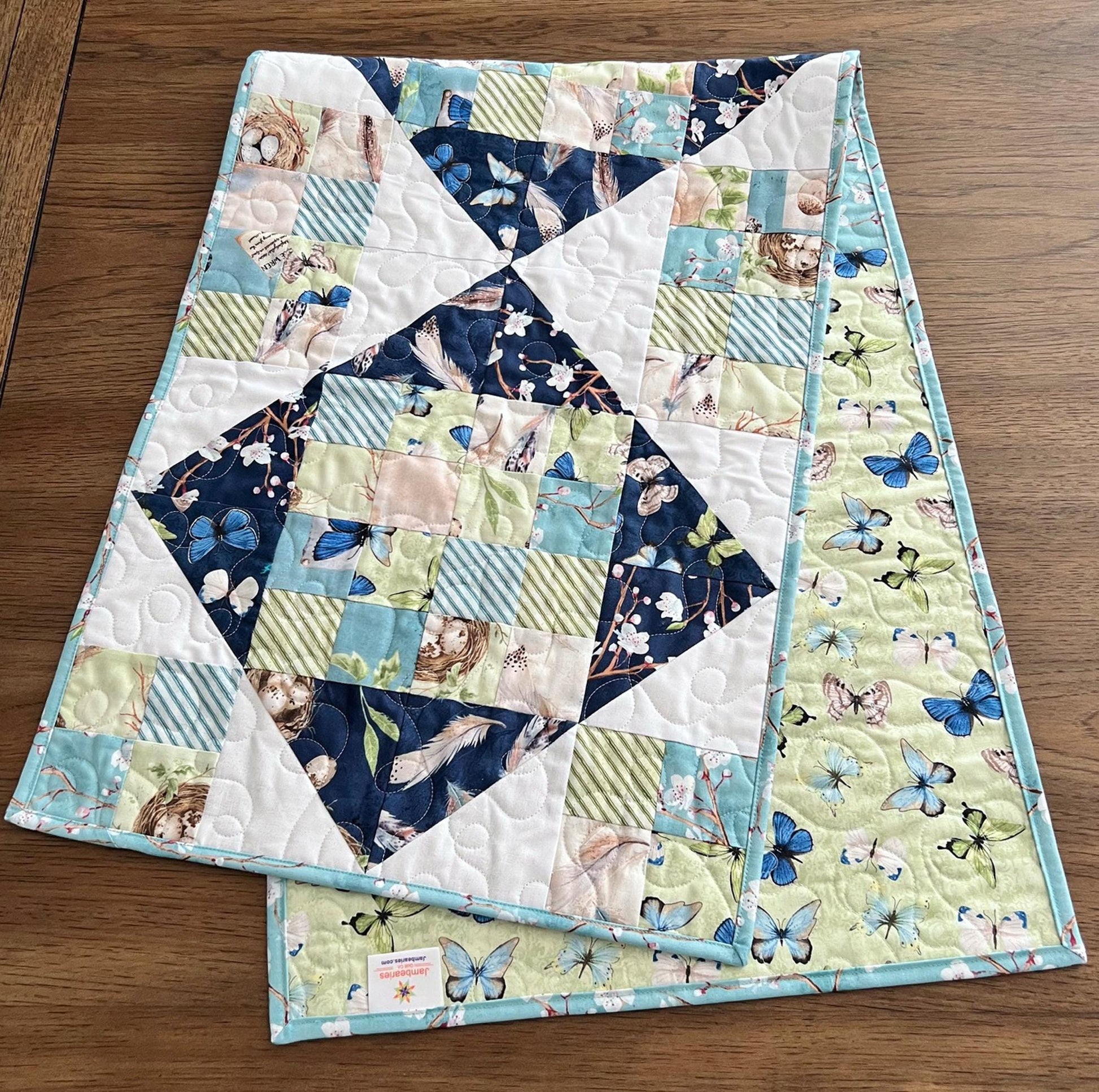 Nature Study Quilted Table Runner, 16.5" x 48", Blue Green Birds Nest Eggs Table Topper Quilt,