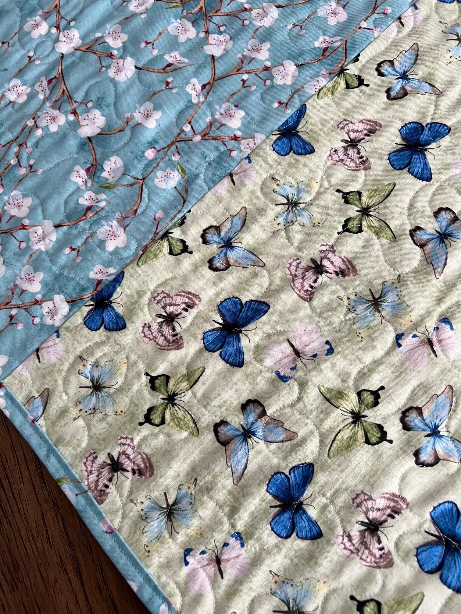 Nature Study Quilted Table Runner, 16.5" x 48", Blue Green Birds Nest Eggs Table Topper Quilt,