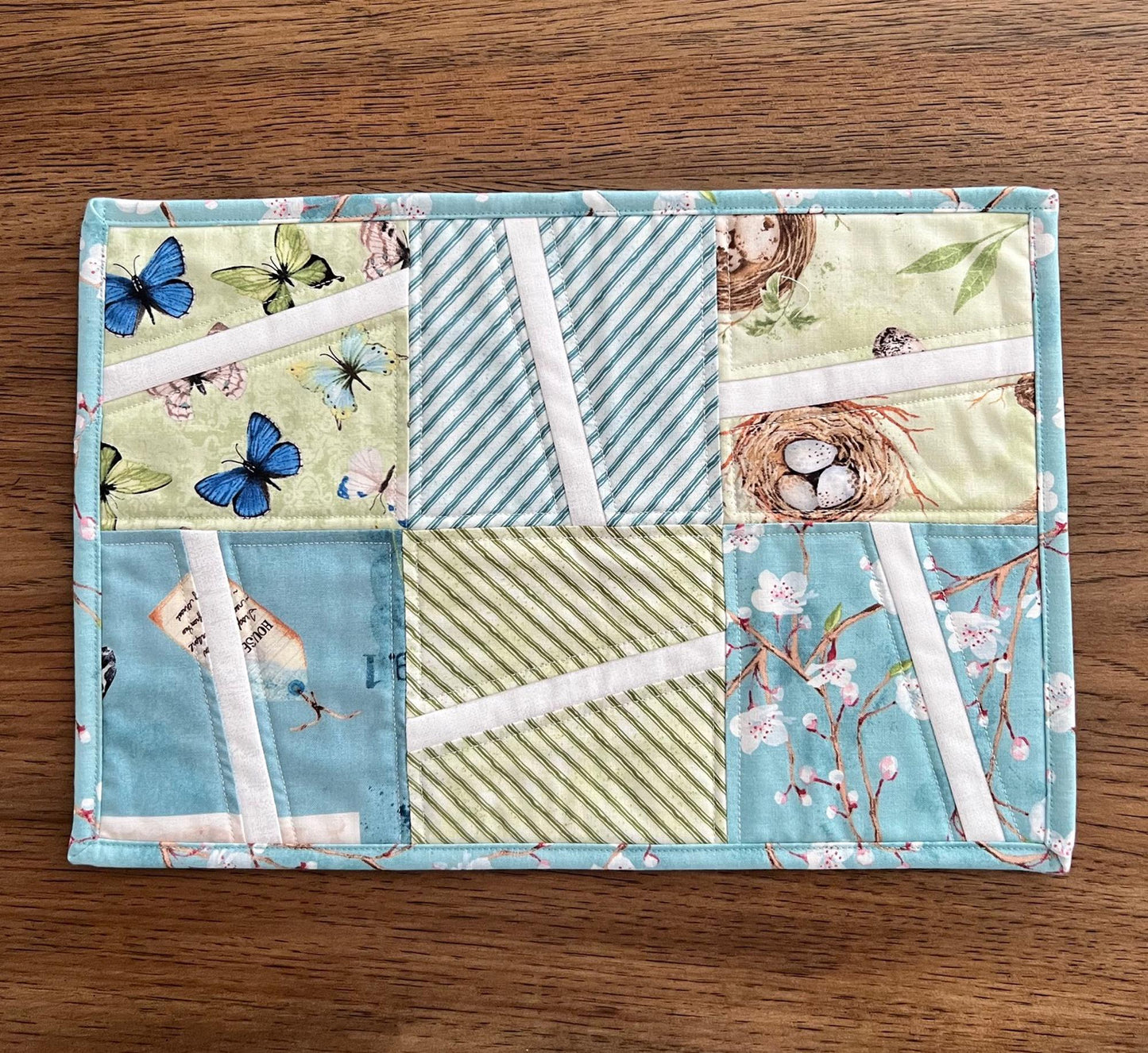 Blue Green Butterflies Quilted Mug Rug, 9.5" x 14", Nature Study Mini Table Quilt, Small Place Mat Placemats, Birds Nest Snack Mat