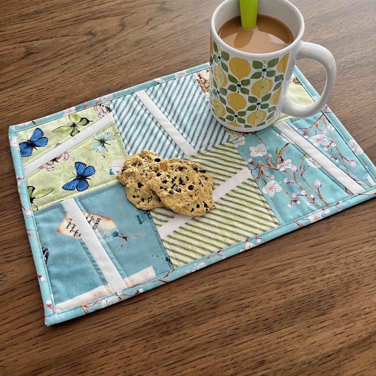 Blue Green Butterflies Quilted Mug Rug, 9.5" x 14", Nature Study Mini Table Quilt, Small Place Mat Placemats, Birds Nest Snack Mat