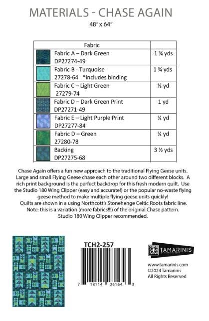 Chase Again Quilt Pattern, Tamarinis TCH2-257, Yardage Friendly Modern Flying Geese Lap Throw Quilt Pattern
