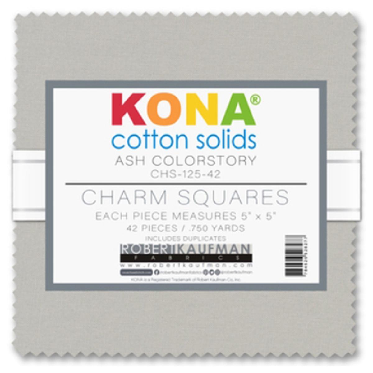Kona Cotton - Ash Gray 5" Charm Squares, Robert Kaufman CHS-125-42, 5" Solid Gray Grey Precut Fabric Squares