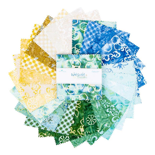 Expressions Batiks - Watercolor Daisies 5" Stacker, Riley Blake 5-23246-42, 5" Precut Blue Green Yellow Floral Batik Fabric Squares