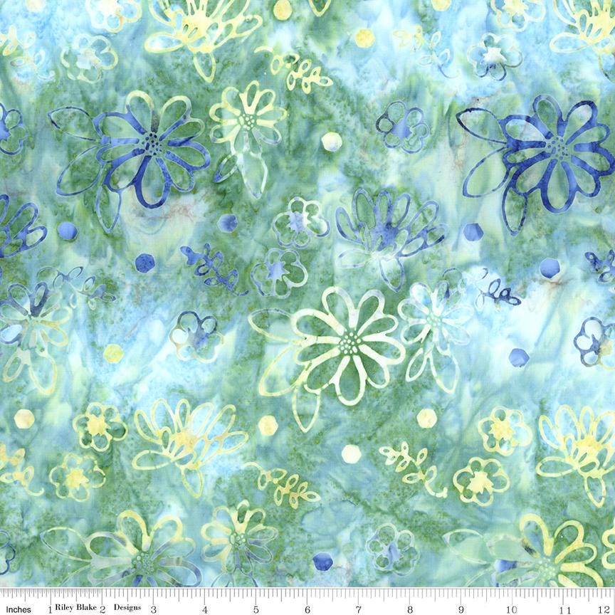 Expressions Batiks - Watercolor Daisies 10" Stacker, Riley Blake 10-23246-42, 10" Precut Blue Green Yellow Floral Batik Fabric Squares