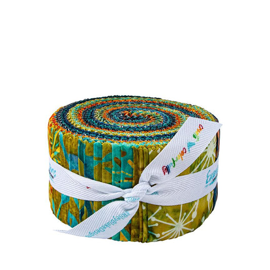 Expressions Batiks Retro Revival Rolie Polie, Riley Blake RP-23276-40, 2.5" Precut Teal Orange Green Blue Red Batik Fabric Strips