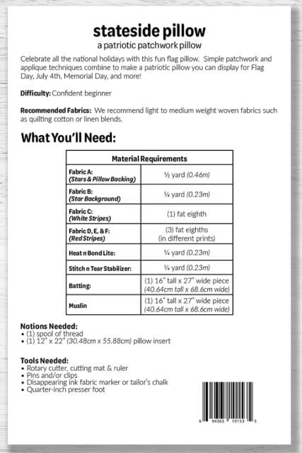 Stateside Pillow Cover Quilt Pattern, Studio M Squared SMSS004, F8 Yardage Friendly Patriotic Stars Stripes Rectangular Pillow Cover Pattern