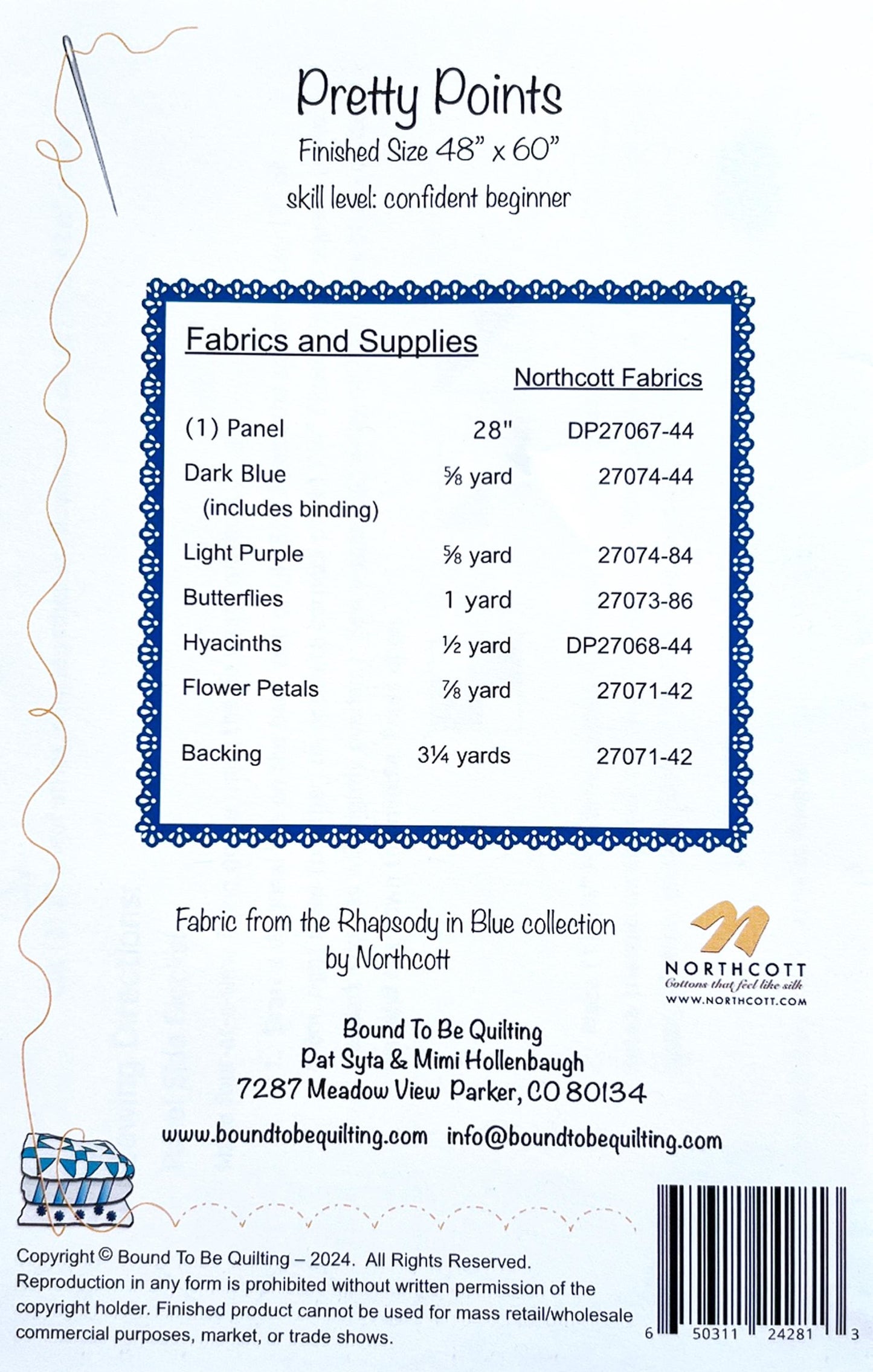 Pretty Points Panel Frame Quilt Pattern, Bound to Be Quilting BTBQ417 PTN3248, 28" Vertical Fabric Panel Friendly Throw Quilt Pattern