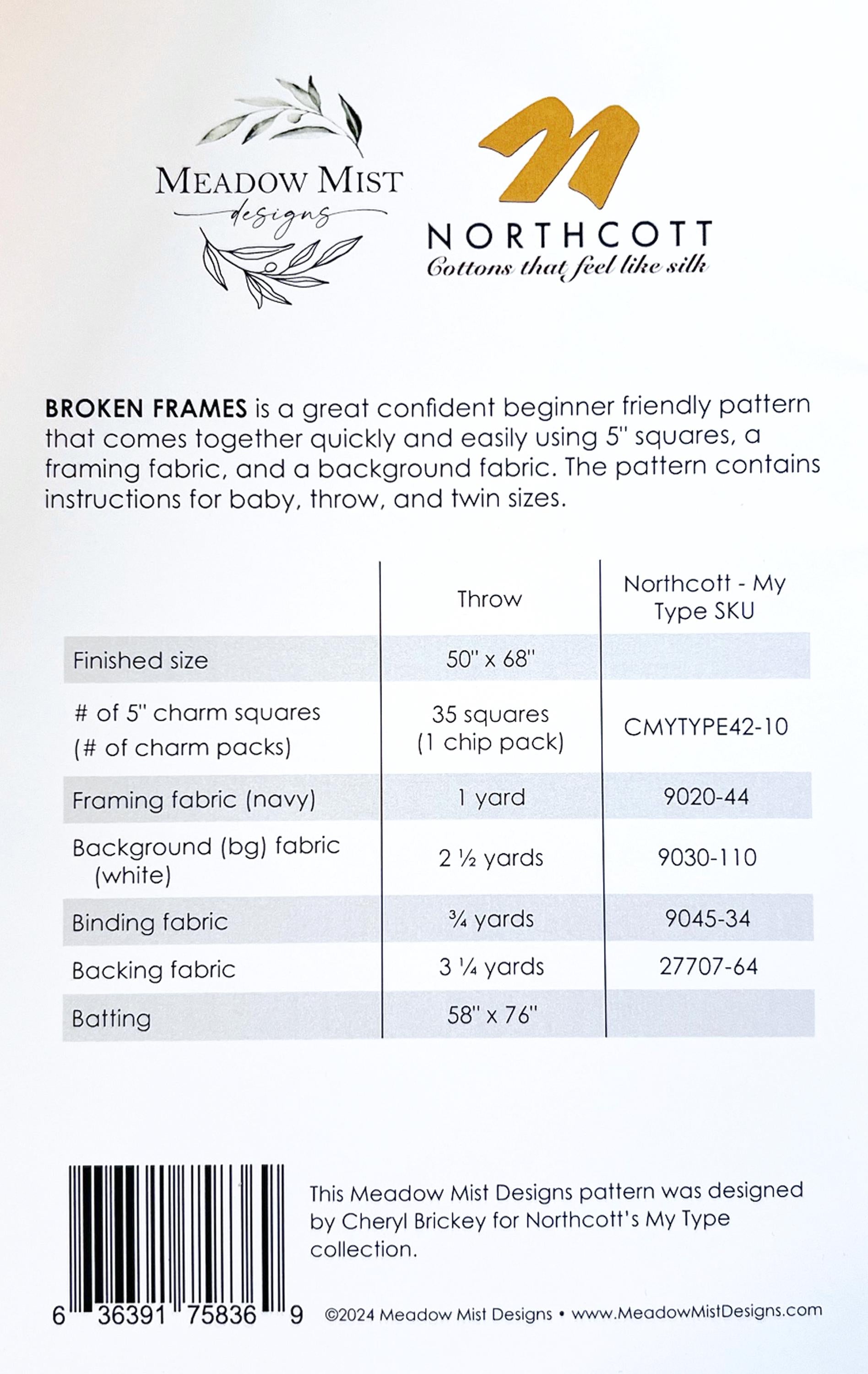 Broken Frames Quilt Pattern, Meadow Mist Designs PTNP098, 5" Precut Charm Squares Friendly Baby Throw Twin Quilt Pattern