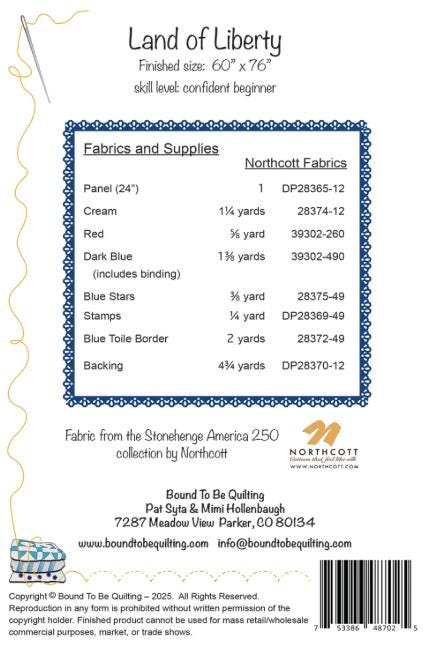 Land of Liberty Panel Frame Quilt Pattern, Bound to Be Quilting BTBQ536 PTN3544, Patriotic Fabric Panel Friendly Lap Throw Quilt Pattern