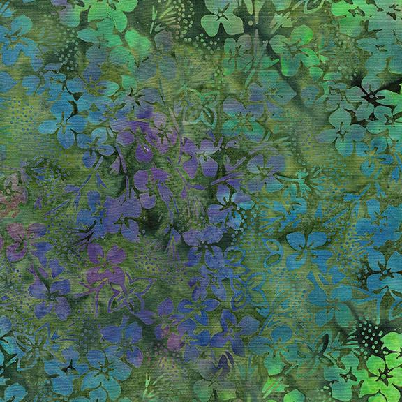 Floral Fun - Hydrangea Green Batik Fabric, Island Batik 112405675, Green Purple Blue Floral Batik Blender Fabric, By the Yard