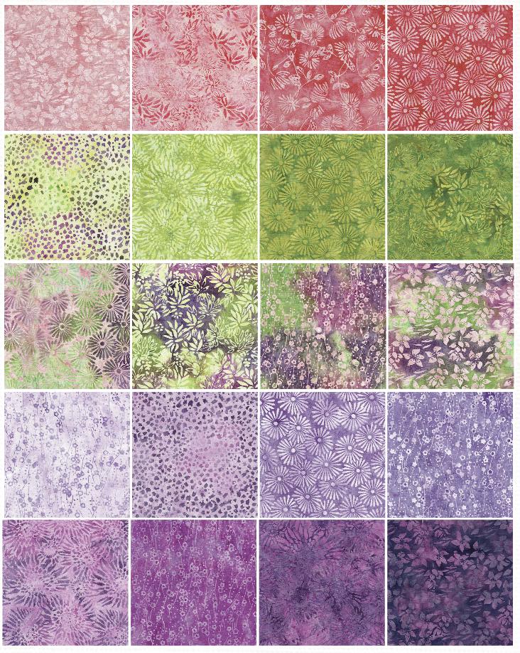 Meadow Hues Strip Pack, Island Batik, Batik Jelly Roll, 2.5" Precut Pink Green Purple Batik Fabric Strips